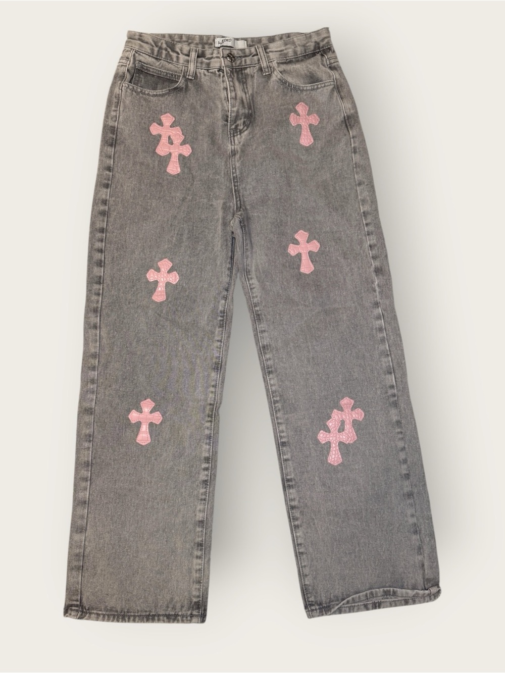 Super KOKO Grey Denim Jeans with Pink Cross Appliqués